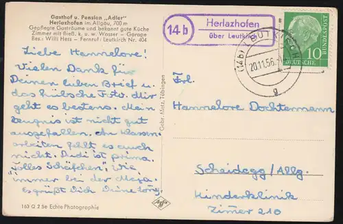 Landpost-Stempel Herlazhofen über LEUTKIRCH 20.11.1956 auf passender AK 