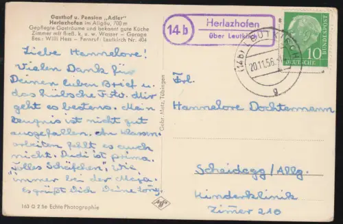 Le temple de Landpost Herlazhofen sur LEUTKIRCH 20.11.1956 sur AK approprié