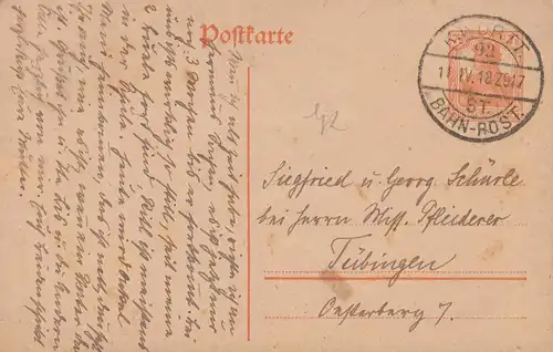 Bahnpost K.WÜRTT. BAHN-POST 92 ST. 11.4.1918 Zug 917 auf Postkarte nach Tübingen