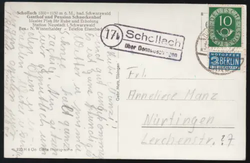 Le temple de la poste de campagne Schollach sur DONNEESCHINGEN 31.12.51, AK Gasthof Schneckenhof