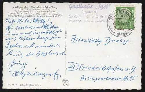 Landpost-Stempel Igelwirt Schlossberg über OSTERNAHE LAUF / PEGNITZ 2.8.1959 