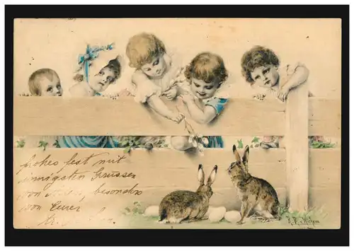 AK Ostern Mädchen mit Hasen Eiern Weidenkätzchen SCHÖNEWALDE BZ. HALLE 28.3.1902