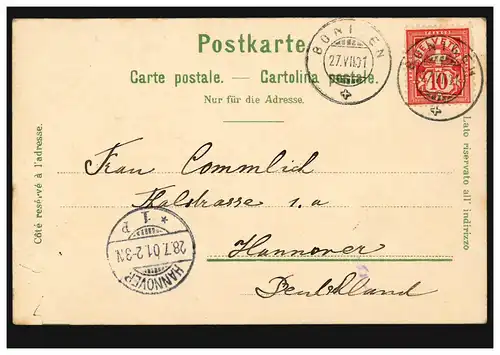 Schweiz AK Interlaken und die Jungfrau, BONIGEN 27.7.1901 nach HANNOVER 28.7.01