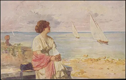 Künstler-AK F. Heinrich: Sehnsucht - Frau am Meer, gelaufen 26.9.1923