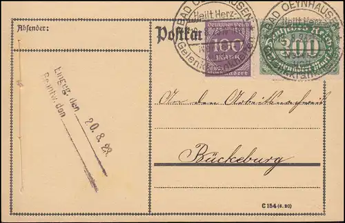 249+268 Infla-MiF auf Postkarte SSt BAD OEYNHAUSEN 19.8.1923 nach Bückeburg