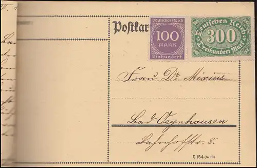 249+268 Infla-MiF auf Postkarte SSt BAD OEYNHAUSEN 19.8.1923 nach Bückeburg