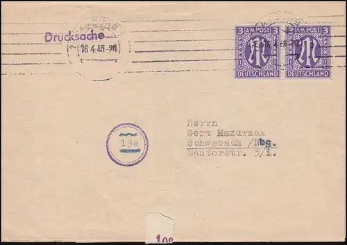 10 AM-Post 3 Pf. als MeF auf Drucksache HAMBURG 16.4.1946 nach Schwabach