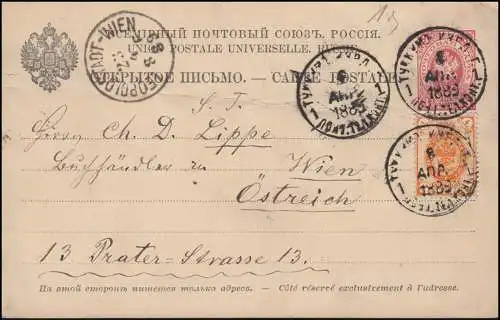 Russland Postkarte P 7 Staatswappen 3 Kop. + Zusatzfr. TUKUMS / TUCKUM 8.4.1889