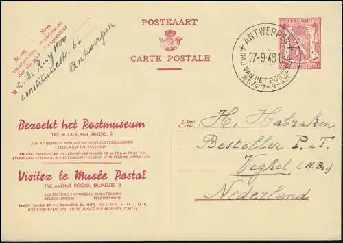 Carte postale spéciale P 224 Visite du musée de la poste SSt ANTWERPEN T.d.B. 27.9.1948