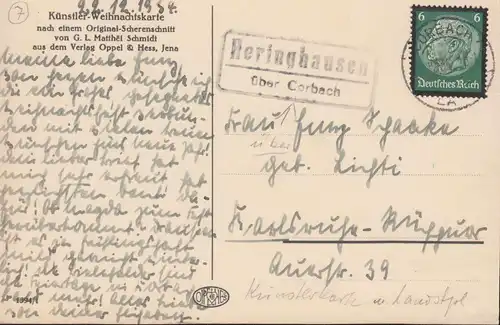 Landpost-Stempel Heringhausen über CORBACH 22.12.1934 auf AK Weihnachten