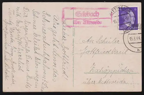 Landpost-Stempel Erlebach über MITTWEIDA 15.3.44 auf AK Blick vom Carolafelsen