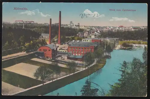 Landpost-Stempel Erlebach über MITTWEIDA 15.3.44 auf AK Blick vom Carolafelsen