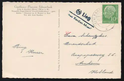 Landpost-Stempel Lieg über KARDEN (MOSEL) 30.7.1956 auf AK Gasthaus Schnorbach