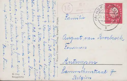 Landpost-Stempel Ersen über HOFGEISMAR 25.6.1959 Künstler-AK W. Hoy Berggehöfte