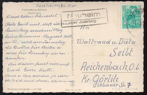 Landpost-Stempel Neuheim par l'intermédiaire de JÜTERBOG 27.11.60, AK Falkenberg/Elster Spascasse