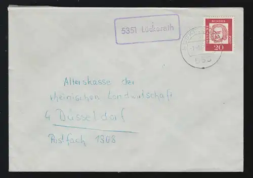 Landpost-Stempel 5351 Lückerath auf Brief EUSKIRCHEN1.8.1963 nach Düsseldorf
