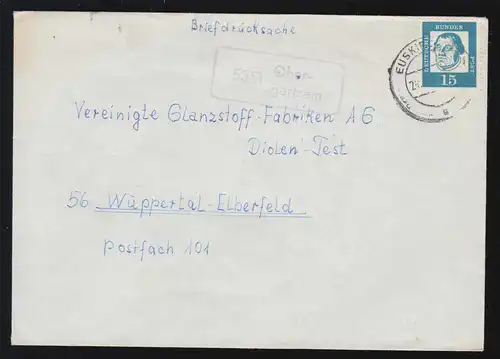 Landpost-Stempel 5351 Obergartzem auf Drucksache EUSKIRCHEN nach Wuppertal