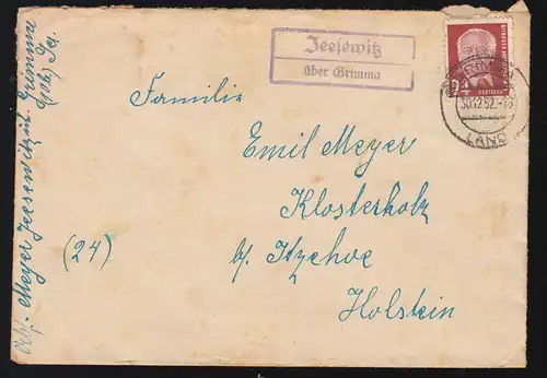 Landpost-Stempel Jeesewitz über GRIMMA LAND 30.12.1952 Brief nach Klosterholz