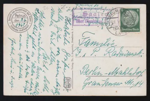 Landpost-Stempel Saaleck über NAUMBURG (SAALE) LAND 9.6.1938 auf AK Rudelsburg