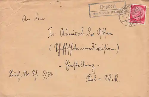 Landpost-Stempel Rußdorf über SCHMÖLLN (THÜRINGEN) LAND 15.2.1937 auf Brief