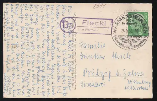 Templier de la poste de campagne Fleckl sur Warmensteinach SSt 28.6.1956 sur AK Falleckle Total