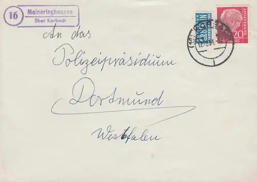 Landpost-Stempel Meineringhausen über KORBACH 12.12.1954 auf Brief nach Dortmund