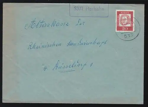 Landpost-Stempel 5371 Herhahn auf Brief KALL 6.8.1963 nach Düsseldirf