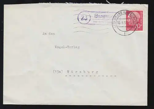 Landpost-Stempel Barghorn über BRAKE (UNTERWESER) 16.5.1958 Brief nach Würzburg