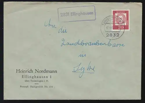 Landpost-Stempel 2831 Ellighausen auf Brief TWISTRINGEN 17.11.9162 nach Syke