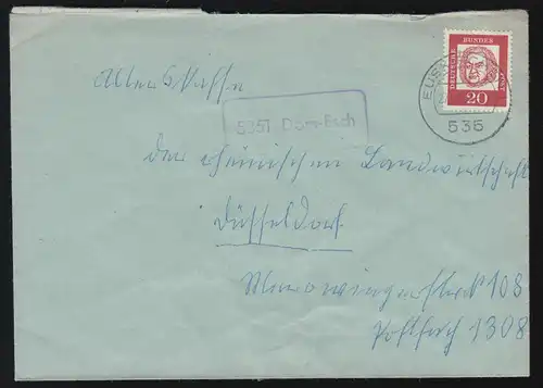 Landpost-Stempel 5351 Dom-Esch auf Brief EUSKIRCHEN 27.7.1963 nach Wuppertal 