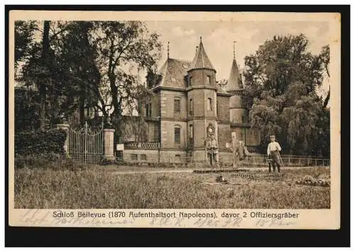 AK Schloss Bellevue (1870 Aufenthalt Napoleons) davor 2 Offiziersgräber, 23.5.16