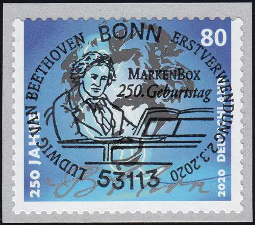 3520 Beethoven, selbstklebend, mit UNGERADER Nummer, EV-O Bonn 2.3.2020