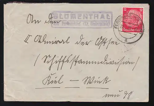 Landpost-Stempel Blumenthal über FERDINANDSHOF (POMMERN) 22.3.1937 auf Brief