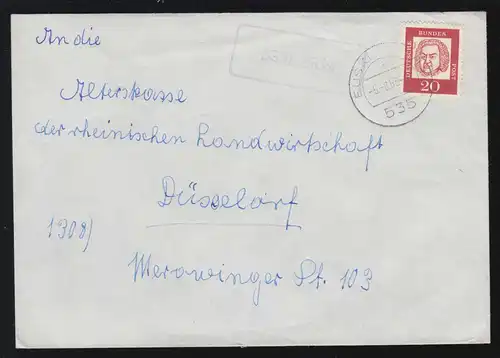 Landpost-Stempel 5351 Eicks auf Brief EUSKIRCHEN 5.8.1963 nach Düsseldorf 