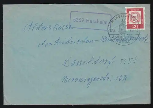 Landpost-Stempel 5359 Harzheim auf Brief SSt MÜNSTEREIFEL Kneipp-Heilbad 17.8.63