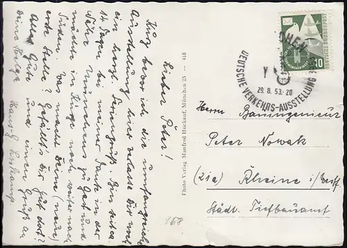 168 Verkehrsausstellung EF auf passender AK mit SSt MÜNCHEN Ausstellung 29.8.53