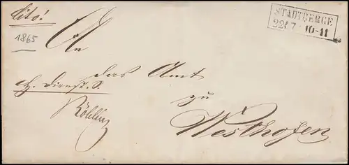 Prusse Vorphilatelie Breifhüber STADTBERGE 22.7. (1865) vers Westhofen 23.7.