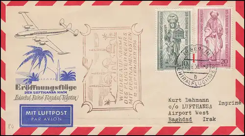 Vol d'ouverture de Lufthansa vers Bagdad 12.9.1956 Lettre BERLIN 10.9.56