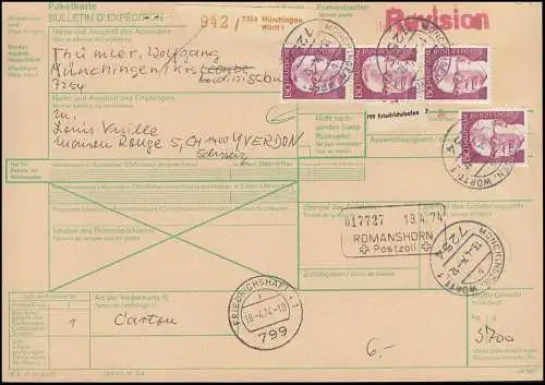 730 Heinemann 4 fois 150 pf. sur carte de paquets internationaux MÜNCHINGEN 13.4.1974
