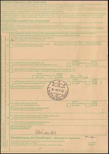 730 Heinemann 4 fois 150 pf. sur carte de paquets internationaux MÜNCHINGEN 13.4.1974