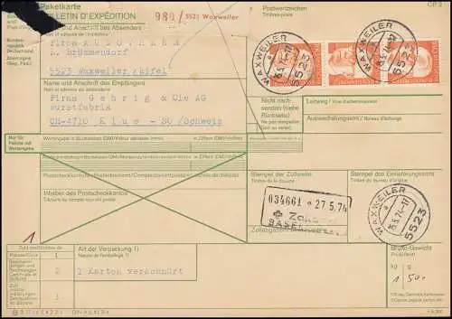 692 Heinemann 3mal 160 Pf. als MeF auf Auslands-Paketkarte WAXWEILER 15.5.1974 