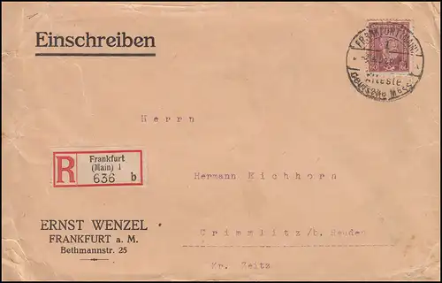 362 Stephan 30 Pf auf R-Brief SSt FRANKFURT/MAIN Älteste deutsche Messe 7.4.1928