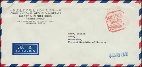 China: Gebühr-bezahlt-Stempel TIENTSIN 31.12.1974 auf Brief nach Gütersloh