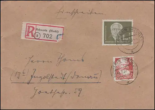 253 Pieck 1 DM mit 214 Marx 8 Pf als MiF auf R-Brief SCHWERIN 30.10.1950