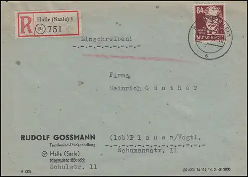 227 Bebel 84 Pf. als EF auf R-Brief HALLE / SAALE 14.6.1949 nach PLAUEN 15.6.49