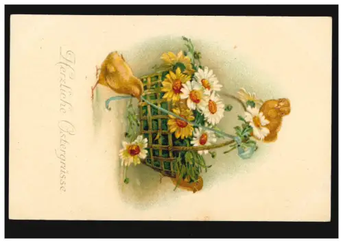 AK Ostern: Korb mit Blumen und Küken, DIPPOLDISWALDE 30.3.1918
