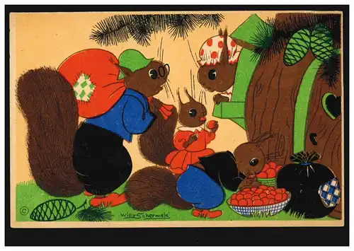 Künstler-AK  Willy Schermele: Winter-Bedarf Eichhörnchenfamilie, gelaufen