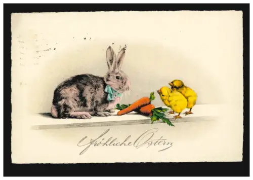 AK Ostern: Hase mit Schleife Möhren Küken, BREMEN 12.4.1933