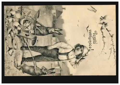 AK Ostern: Defekter Handwagen mit Küken und Hasen, gelaufen um 1910