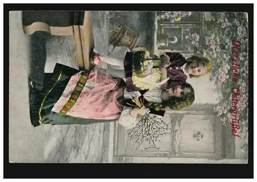 AK Ostern: Frau mit Kind Ostereier Weidenkätzchen, ungebraucht, um 1910